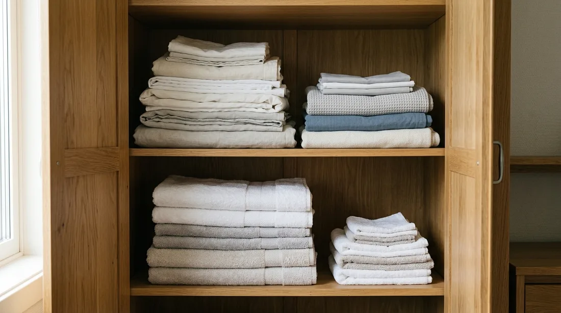 Gefaltete Bettwäsche im geöffneten Kleiderschrank