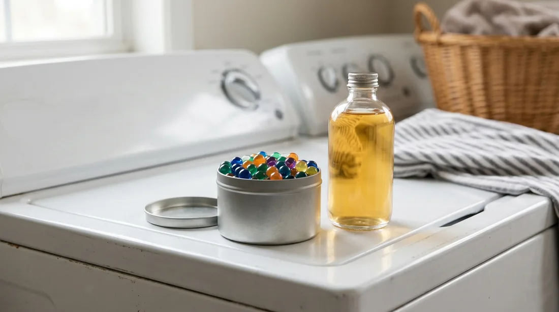 Dose mit Duftperlen und Flasche mit flüssigem Wäscheparfüm nebeneinander auf einer Waschmaschine